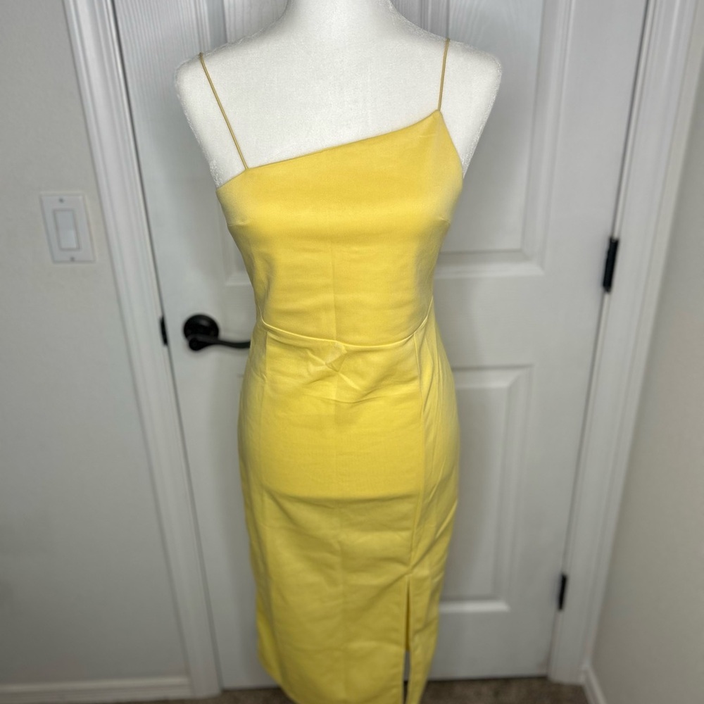 Asymmetrical Neck Yellow Midi Slip Dress with Spaghetti Straps